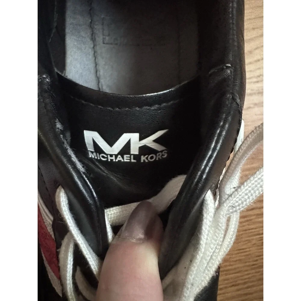 Michael Kors Black Leather Sneakers White Red MK Logo Stripe Trainers Womens 10M